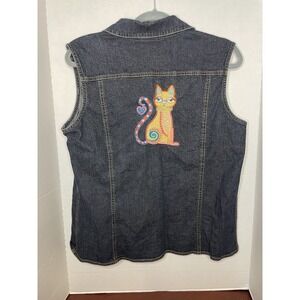 Additions By Chico's Denim vest Embroidered Cat Boho Sz Large Button Up